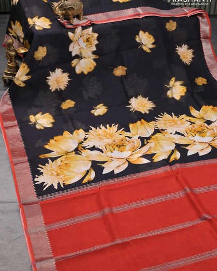Mangalagiri silk cotton saree black and rustic maroon with floral prints and silver zari woven border - {{ collection.title }} by Prashanti Sarees