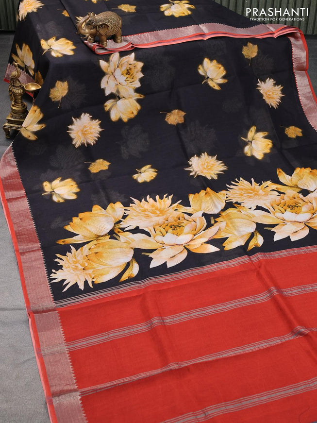 Mangalagiri silk cotton saree black and rustic maroon with floral prints and silver zari woven border - {{ collection.title }} by Prashanti Sarees