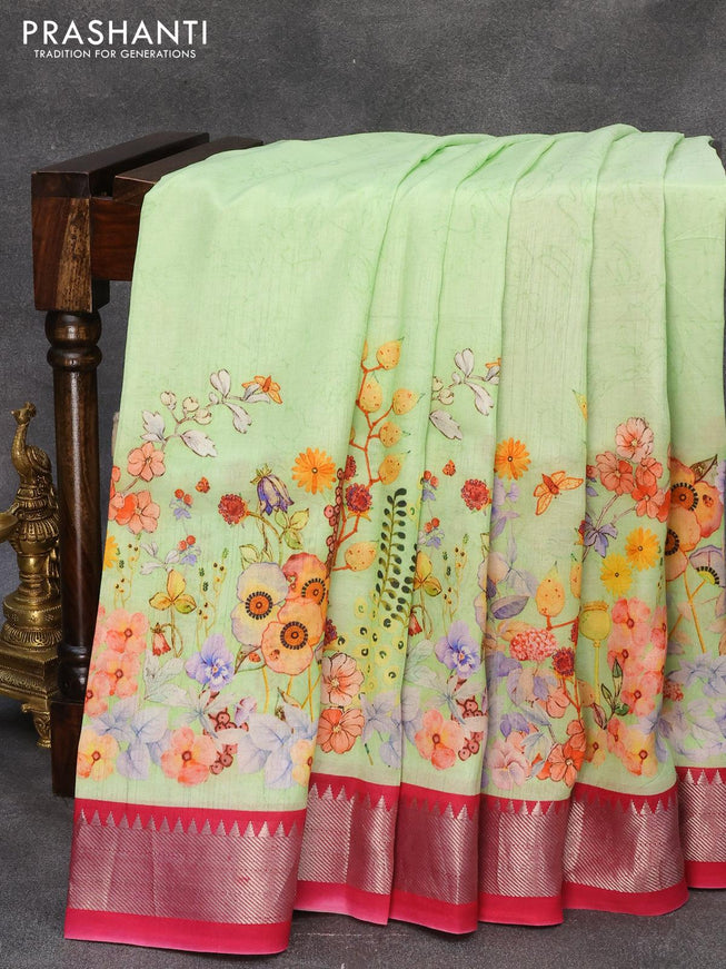 Mangalagiri silk cotton saree light green and pink with floral prints and silver zari woven border - {{ collection.title }} by Prashanti Sarees