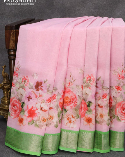 Mangalagiri silk cotton saree light pink and green with floral prints and silver zari woven border - {{ collection.title }} by Prashanti Sarees