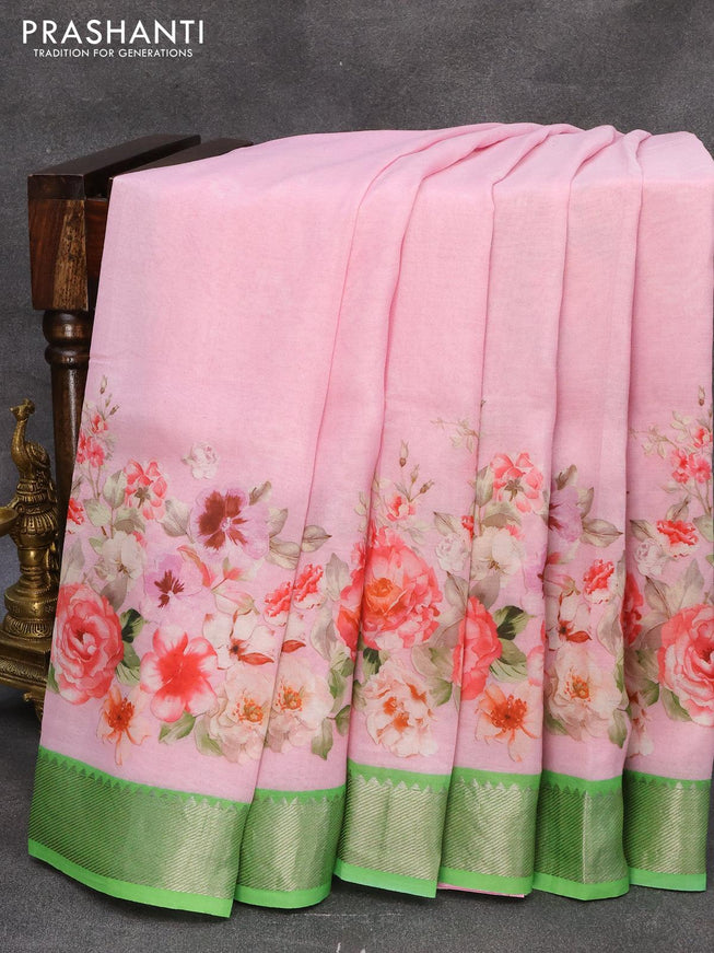 Mangalagiri silk cotton saree light pink and green with floral prints and silver zari woven border - {{ collection.title }} by Prashanti Sarees