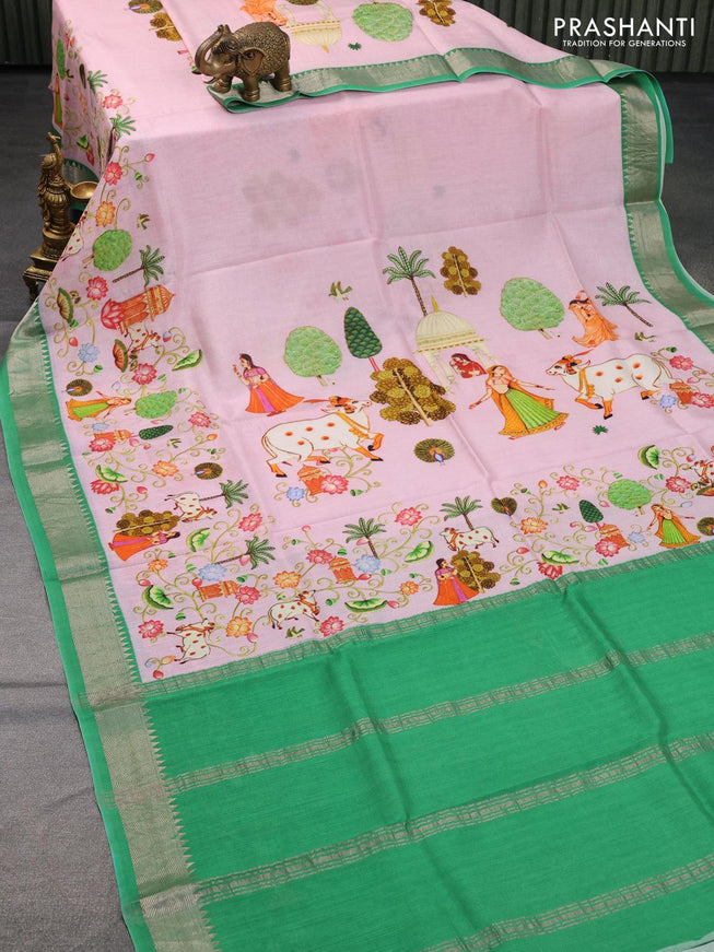Mangalagiri silk cotton saree light pink and green with pichwai prints and silver zari woven border - {{ collection.title }} by Prashanti Sarees