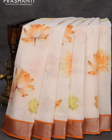 Mangalagiri silk cotton saree off white and orange with floral prints and silver zari woven border - {{ collection.title }} by Prashanti Sarees