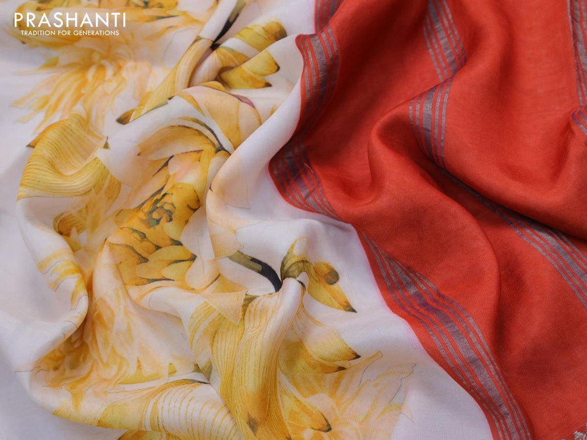Mangalagiri silk cotton saree off white and rustic orange with floral prints and silver zari woven border - {{ collection.title }} by Prashanti Sarees