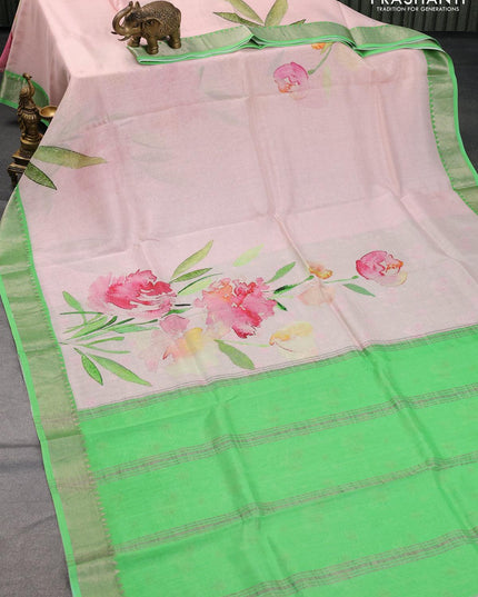 Mangalagiri silk cotton saree pastel peach pink and green with floral prints and silver zari woven border - {{ collection.title }} by Prashanti Sarees