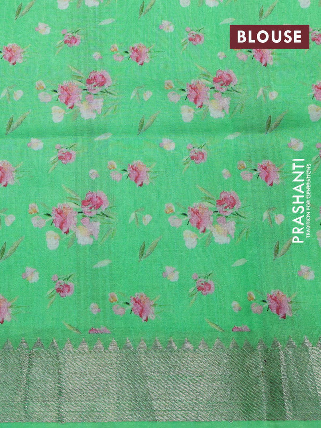 Mangalagiri silk cotton saree pastel peach pink and green with floral prints and silver zari woven border - {{ collection.title }} by Prashanti Sarees