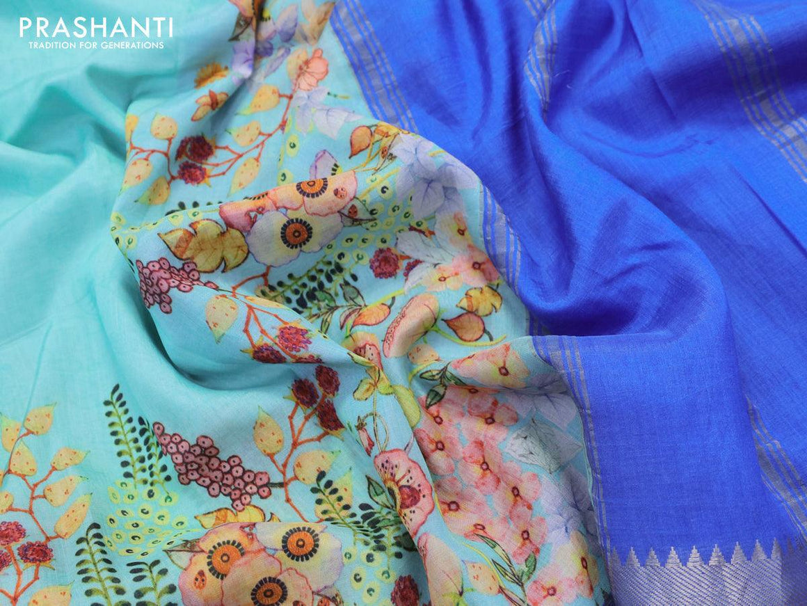 Mangalagiri silk cotton saree teal blue and blue with floral prints and silver zari woven border - {{ collection.title }} by Prashanti Sarees