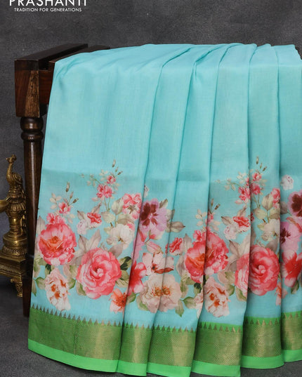 Mangalagiri silk cotton saree teal blue and green with floral prints and silver zari woven border - {{ collection.title }} by Prashanti Sarees