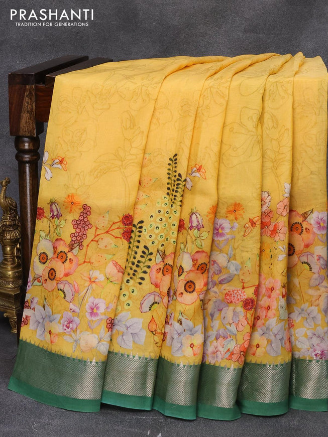 Mangalagiri silk cotton saree yellow and green with floral prints and silver zari woven border - {{ collection.title }} by Prashanti Sarees