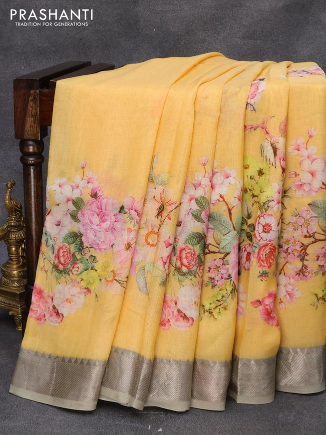 Mangalagiri silk cotton saree yellow and grey with floral prints and silver zari woven border - {{ collection.title }} by Prashanti Sarees
