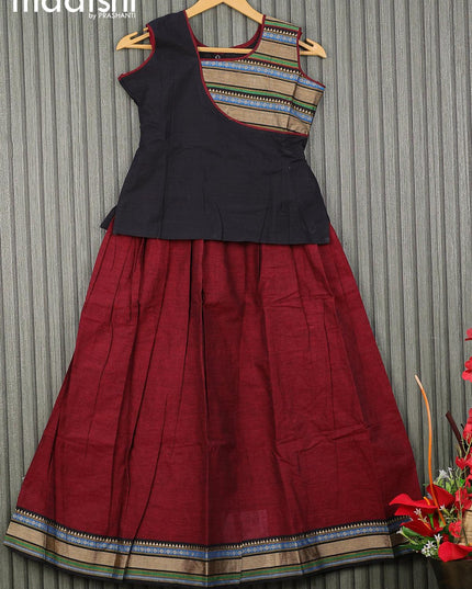 Mangalgiri cotton kids lehenga black and maroon with patch work neck pattern and woven border for 10 years - {{ collection.title }} by Prashanti Sarees
