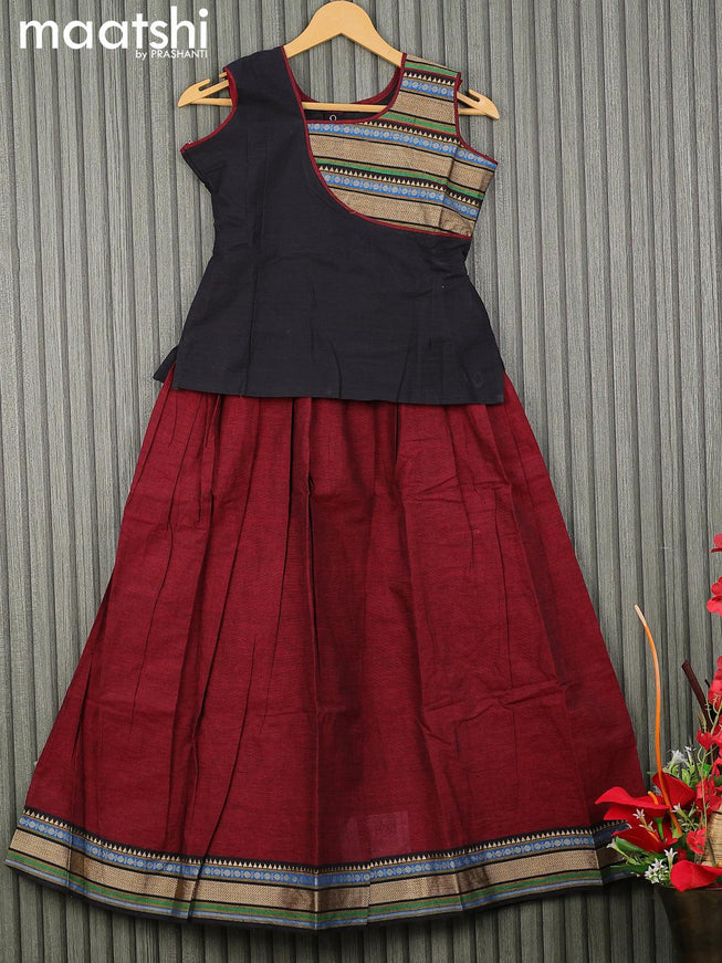 Mangalgiri cotton kids lehenga black and maroon with patch work neck pattern and woven border for 10 years - {{ collection.title }} by Prashanti Sarees