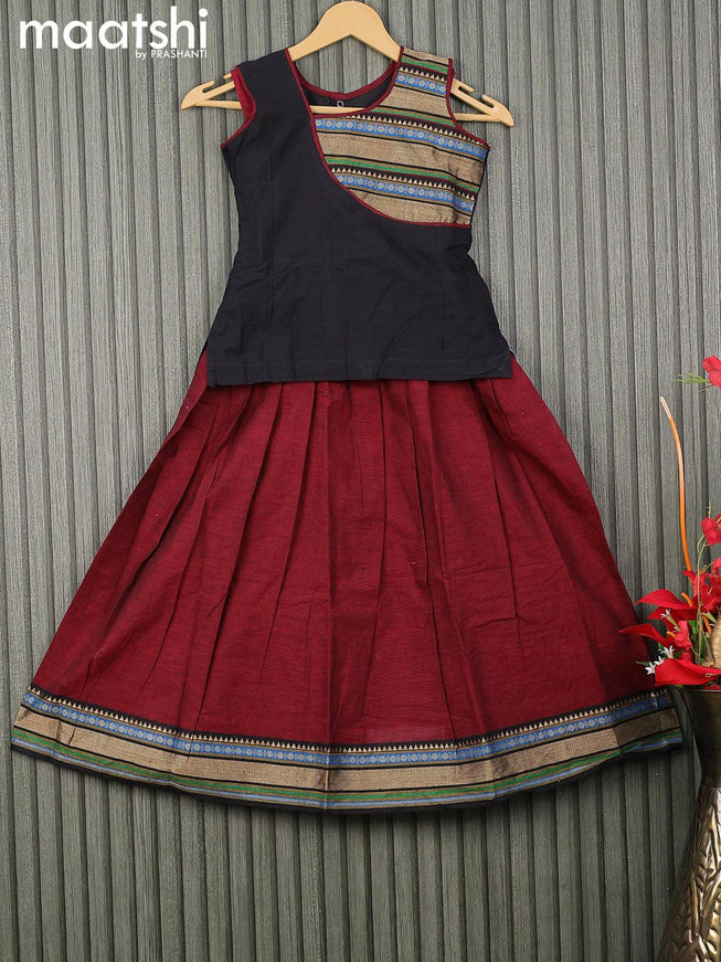 Mangalgiri cotton kids lehenga black and maroon with patch work neck pattern and woven border for 7 years - {{ collection.title }} by Prashanti Sarees