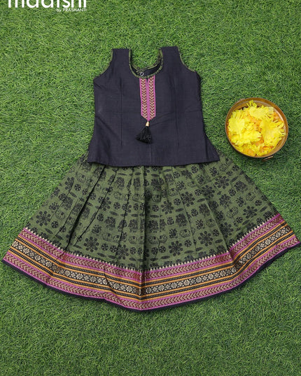 Mangalgiri cotton kids lehenga black and olive green with patch work neck pattern and allover prints & woven border for 0 year - {{ collection.title }} by Prashanti Sarees