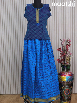 Mangalgiri cotton kids lehenga blue and cs blue with patch work neck pattern and warli prints & woven border Sleeve attached