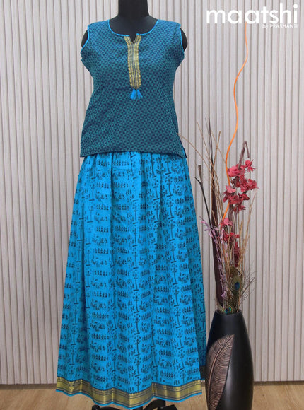 Mangalgiri cotton kids lehenga blue and cs blue with patch work neck pattern and warli prints & woven border Sleeve attached - {{ collection.title }} by Prashanti Sarees