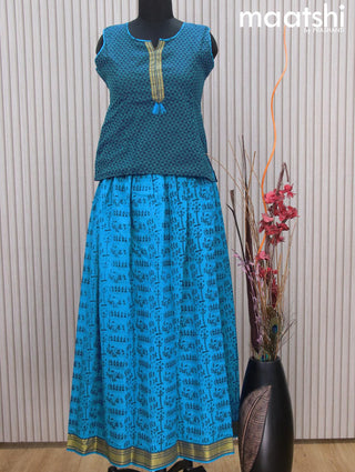 Mangalgiri cotton kids lehenga blue and cs blue with patch work neck pattern and warli prints & woven border Sleeve attached