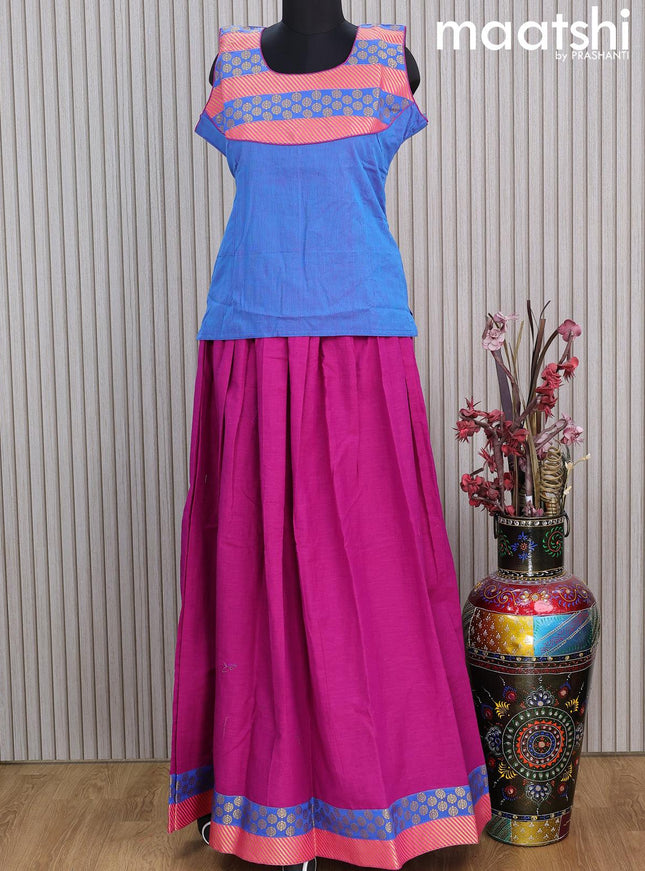 Mangalgiri cotton kids lehenga blue and dark magenta pink with patch work neck pattern and zari woven border Sleeve attached - {{ collection.title }} by Prashanti Sarees