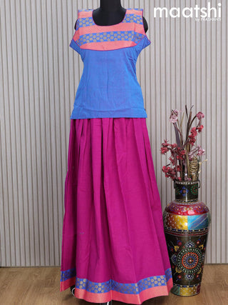 Mangalgiri cotton kids lehenga blue and dark magenta pink with patch work neck pattern and zari woven border Sleeve attached