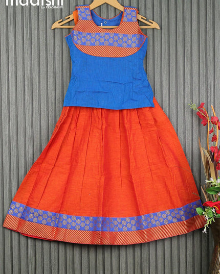 Mangalgiri cotton kids lehenga blue and dual shade of orange with patch work neck pattern and zari woven border for 6 years - {{ collection.title }} by Prashanti Sarees