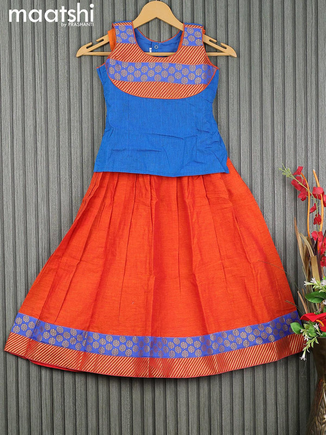 Mangalgiri cotton kids lehenga blue and dual shade of orange with patch work neck pattern and zari woven border for 6 years - {{ collection.title }} by Prashanti Sarees