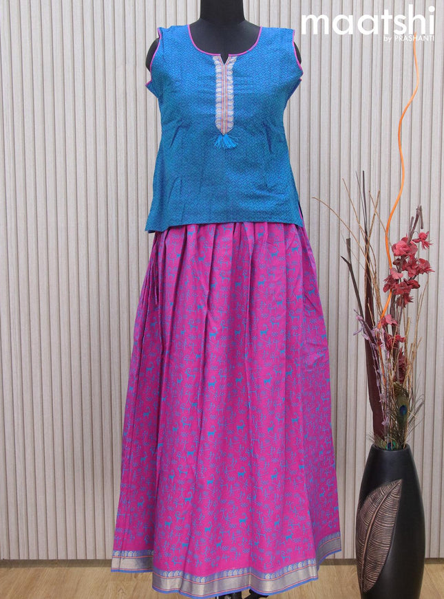 Mangalgiri cotton kids lehenga blue and pink shade with patch work neck pattern and warli prints & woven border Sleeve attached - {{ collection.title }} by Prashanti Sarees