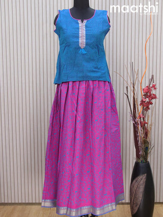 Mangalgiri cotton kids lehenga blue and pink shade with patch work neck pattern and warli prints & woven border Sleeve attached