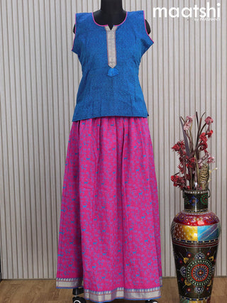 Mangalgiri cotton kids lehenga blue and pink shade with patch work neck pattern and warli prints & woven border Sleeve attached