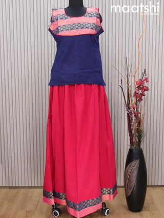 Mangalgiri cotton kids lehenga blue and pink with patch work neck pattern and zari woven border Sleeve attached