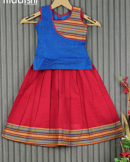 Mangalgiri cotton kids lehenga blue and red with patch work neck pattern and woven border for 3 years - {{ collection.title }} by Prashanti Sarees