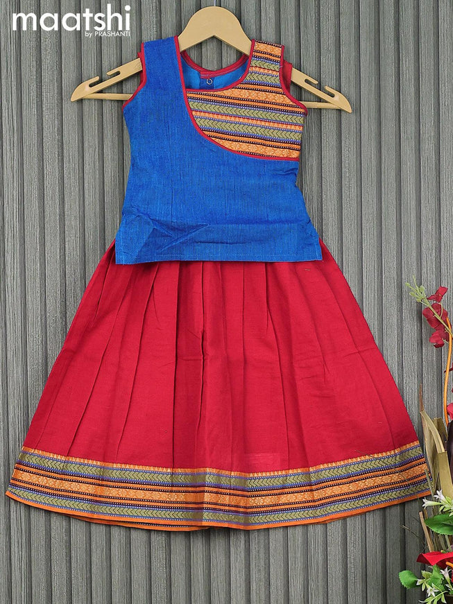 Mangalgiri cotton kids lehenga blue and red with patch work neck pattern and woven border for 3 years - {{ collection.title }} by Prashanti Sarees