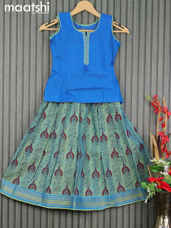 Mangalgiri cotton kids lehenga cs blue and dual shade of green with patch work neck pattern and allover prints & woven border for 6 years - {{ collection.title }} by Prashanti Sarees