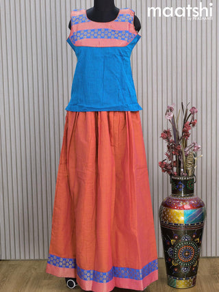 Mangalgiri cotton kids lehenga cs blue and dual shade of pink with patch work neck pattern and zari woven border Sleeve attached