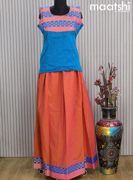 Mangalgiri cotton kids lehenga cs blue and dual shade of pinkish orange with patch work neck pattern and zari woven border Sleeve attached - {{ collection.title }} by Prashanti Sarees