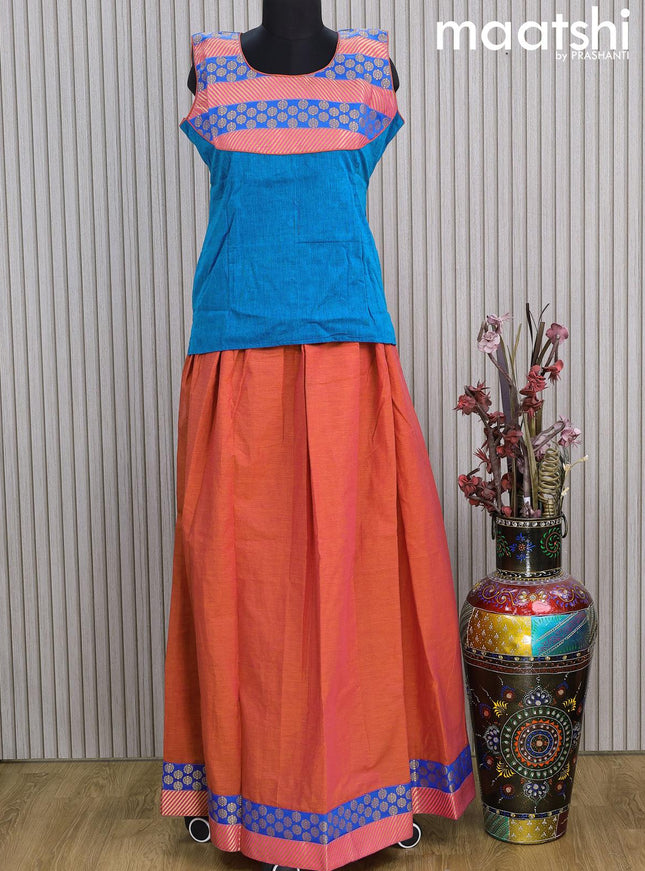 Mangalgiri cotton kids lehenga cs blue and dual shade of pinkish orange with patch work neck pattern and zari woven border Sleeve attached - {{ collection.title }} by Prashanti Sarees