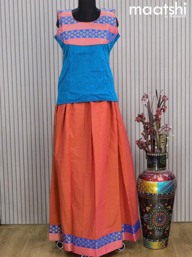 Mangalgiri cotton kids lehenga cs blue and dual shade of pinkish orange with patch work neck pattern and zari woven border Sleeve attached - {{ collection.title }} by Prashanti Sarees