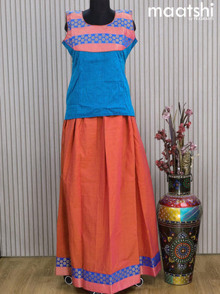 Mangalgiri cotton kids lehenga cs blue and dual shade of pinkish orange with patch work neck pattern and zari woven border Sleeve attached