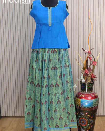 Mangalgiri cotton kids lehenga cs blue and green shade with patch work neck pattern and allover prints & woven border for 13 years - {{ collection.title }} by Prashanti Sarees
