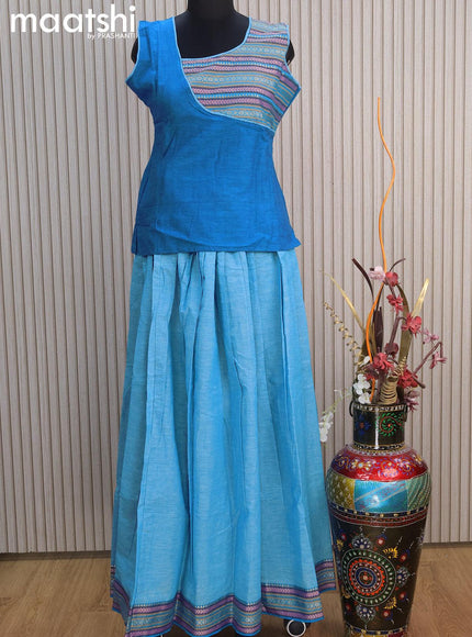 Mangalgiri cotton kids lehenga cs blue and light blue with patch work neck pattern and woven border for 15 years - {{ collection.title }} by Prashanti Sarees