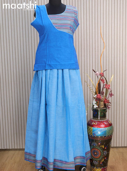 Mangalgiri cotton kids lehenga cs blue and light blue with patch work neck pattern and woven border for 16 years - {{ collection.title }} by Prashanti Sarees