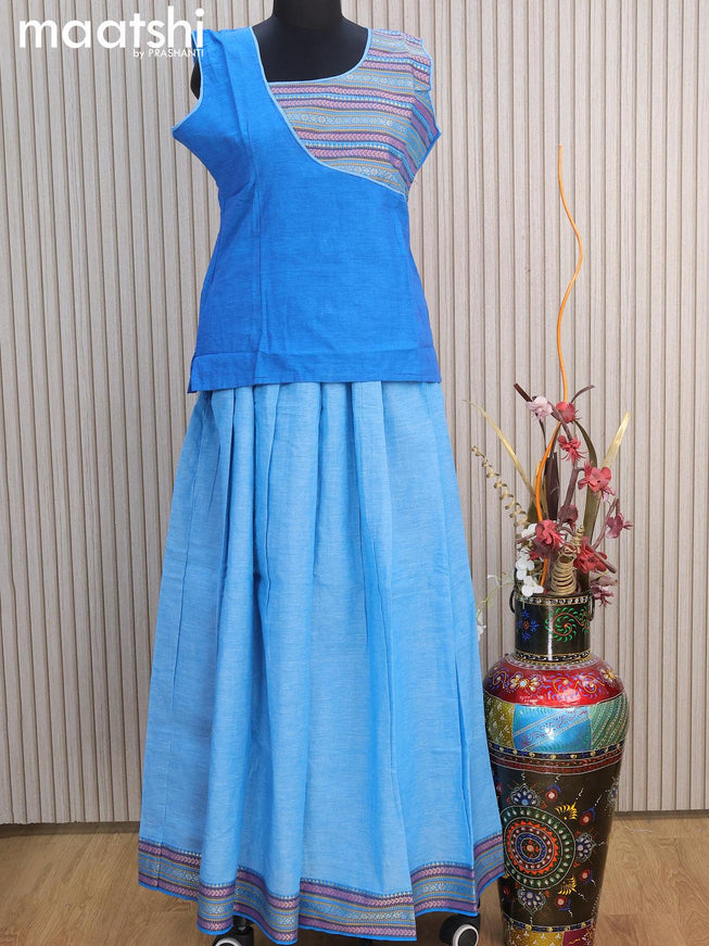 Mangalgiri cotton kids lehenga cs blue and light blue with patch work neck pattern and woven border for 16 years - {{ collection.title }} by Prashanti Sarees