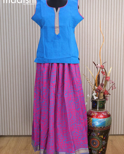 Mangalgiri cotton kids lehenga cs blue and magenta pink with patch work neck pattern and warli prints & zari woven border for 16 years - {{ collection.title }} by Prashanti Sarees