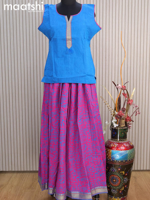 Mangalgiri cotton kids lehenga cs blue and magenta pink with patch work neck pattern and warli prints & zari woven border for 16 years - {{ collection.title }} by Prashanti Sarees