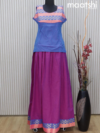 Mangalgiri cotton kids lehenga cs blue and magenta pink with patch work neck pattern and zari woven border Sleeve attached