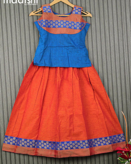 Mangalgiri cotton kids lehenga cs blue and orange with patch work neck pattern and zari woven border for 8 years - {{ collection.title }} by Prashanti Sarees