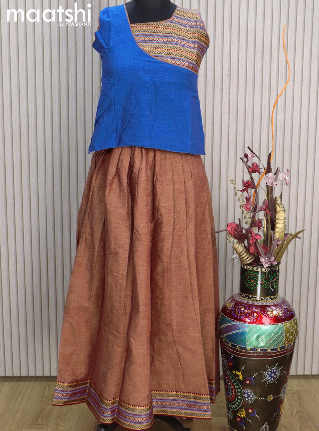 Mangalgiri cotton kids lehenga cs blue and pastel brown with patch work neck pattern and woven border for 11 years - {{ collection.title }} by Prashanti Sarees