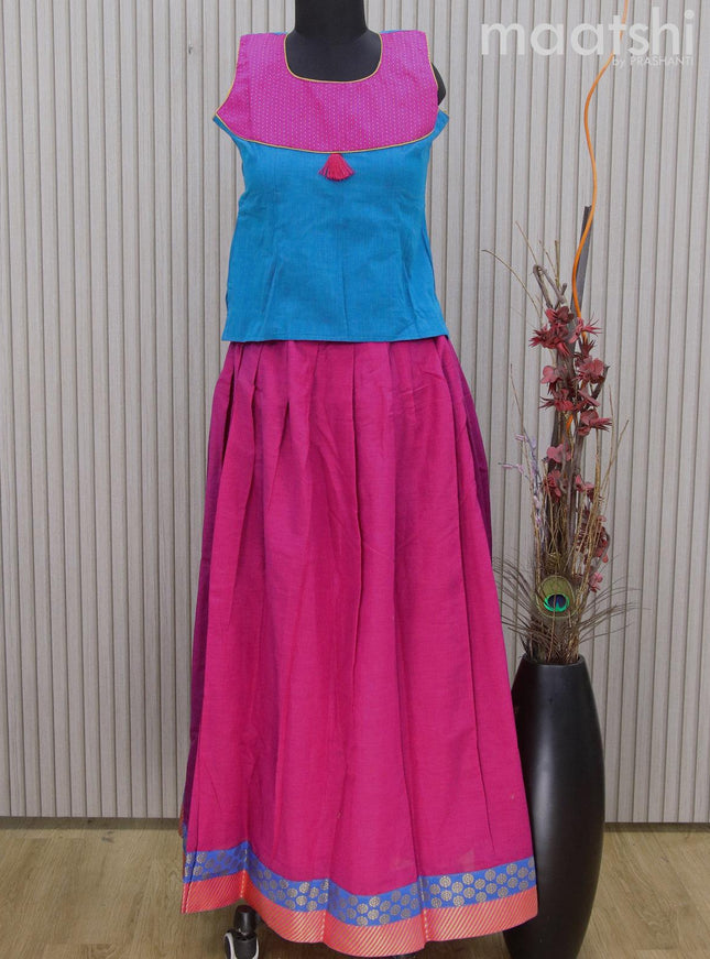 Mangalgiri cotton kids lehenga cs blue and pink with patch work neck pattern and zari woven border Sleeve attached - {{ collection.title }} by Prashanti Sarees
