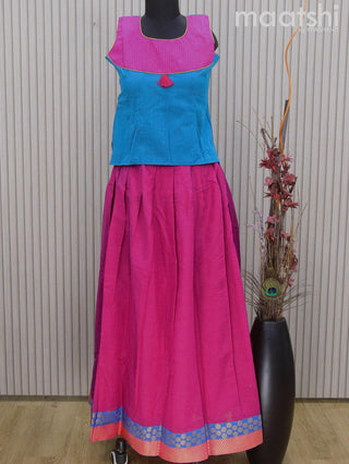 Mangalgiri cotton kids lehenga cs blue and pink with patch work neck pattern and zari woven border Sleeve attached