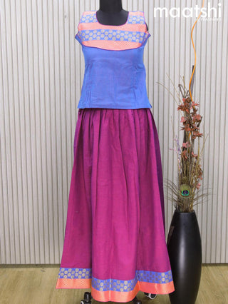 Mangalgiri cotton kids lehenga cs blue and purple with patch work neck pattern and zari woven border Sleeve attached