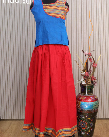 Mangalgiri cotton kids lehenga cs blue and red with patch work neck pattern and woven border for 12 years - {{ collection.title }} by Prashanti Sarees